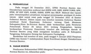 Rekomendasi DPRD Provinsi Banten tentang Penetapan Upah Minimum Tahun 2022