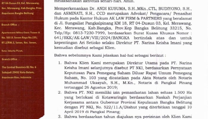 PT. NKI Layangkan Somasi Soal Lahan 1.500 Hektar, Erzaldi Bantah Tudingan Duit Rp200 Juta