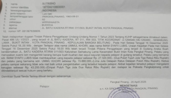 Warga Pangkalpinang Keluhkan Lambannya Penanganan Kasus Dugaan Penggelapan Rp43 Juta