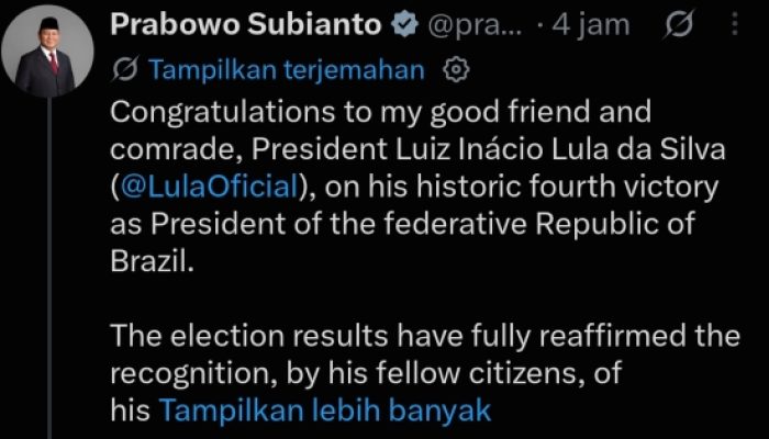 Prabowo Ucapkan Selamat atas Kemenangan Lula di Pilpres Brasil, Dorong Penguatan Hubungan Kedua Negara